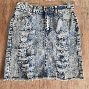 Jess Acid Wash Distressed Denim Mini Skirt Blue BE3022 Small